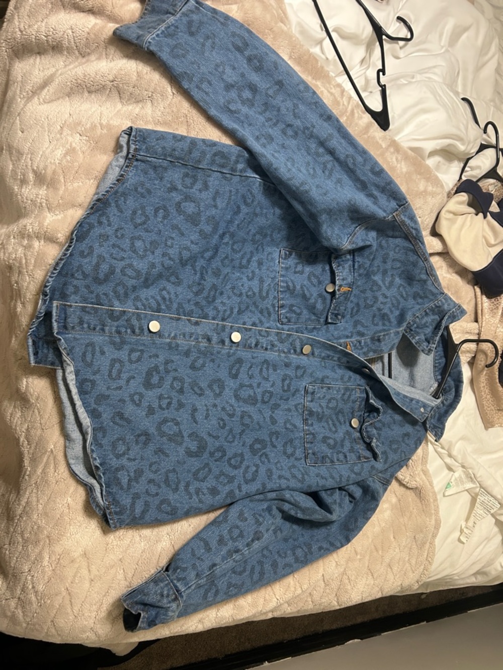 Blue Leopard-Print Denim Shirt Jacket